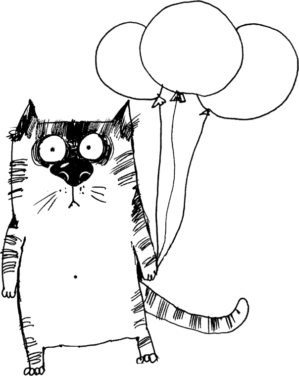 Hand-drawn ink cat holding balloons from the To An Amazing vet gift books